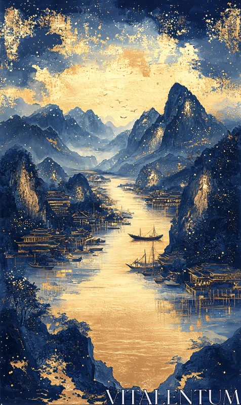 Mountainous Landscape with Golden River AI Image