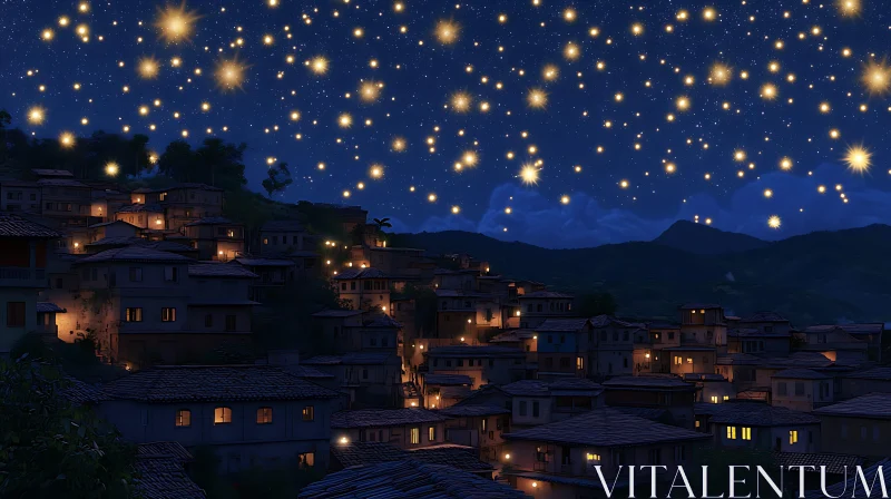 AI ART Night Scene of Village with Stars