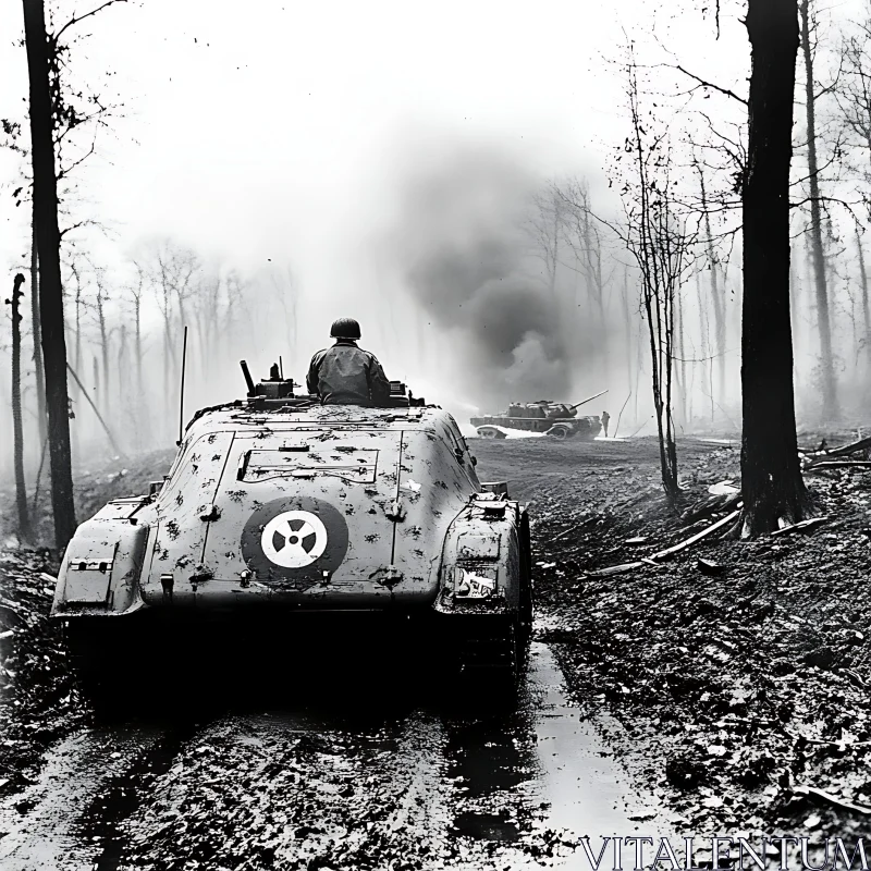 AI ART Monochrome Tank in War-Torn Forest