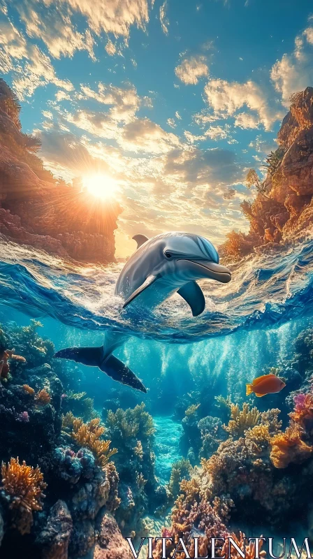 Dolphin Amidst Colorful Coral Reef AI Image