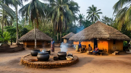 Village Life in Africa with Thatched Huts