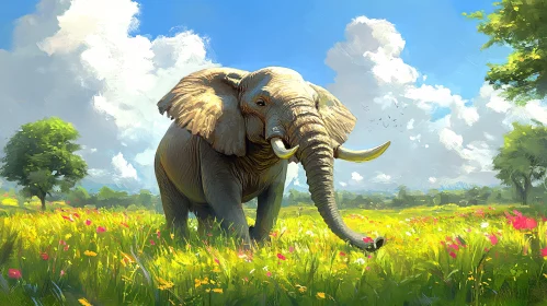 Elephant in Blooming Landscape