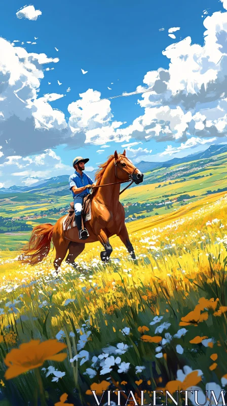 AI ART Horse and Rider Amidst Wildflowers