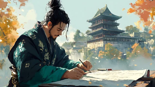 Man Sketching Temple Architecture