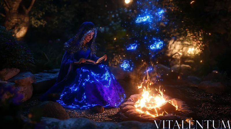 AI ART Woman Reading by Magical Bonfire