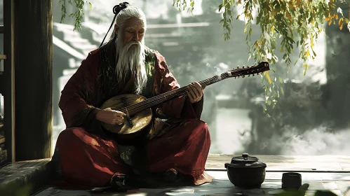 Peaceful Man Playing Stringed Instrument