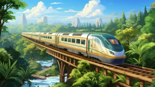 Anime Style Steam Train Crossing Jungle Bridge