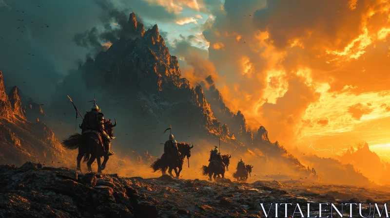 Awe-Inspiring Fantasy Painting of Horsemen Riding through a Mountain Pass AI Image