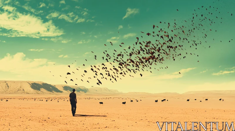 Man Walking with Birds in Desert AI Image