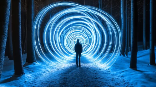 Swirling Light Silhouette in Snowy Woods