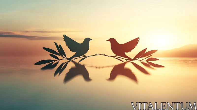 Birds Silhouette at Sunset Reflection AI Image