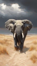 Elephant Walking in Stormy Savannah