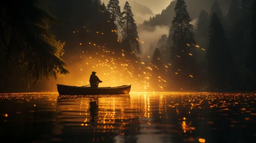 Captivating Nature Art: A Man Fishing in a Boat with Firelight