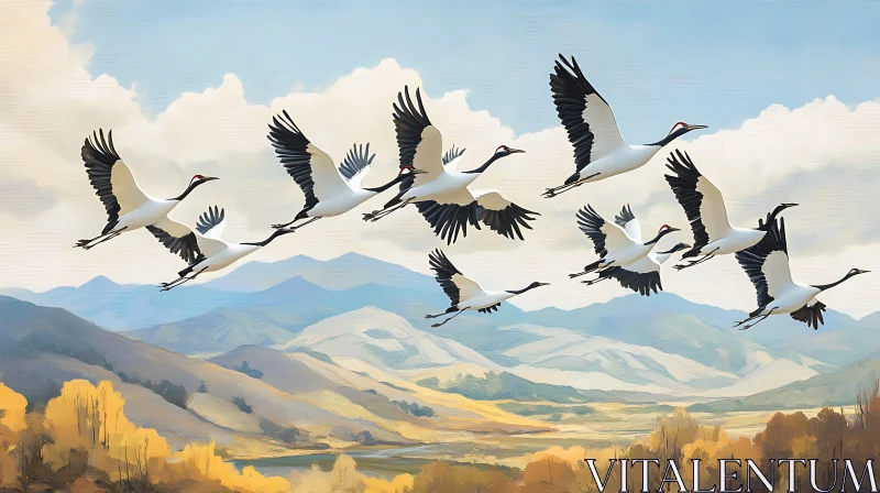 Majestic Cranes Soaring Above the Valley AI Image