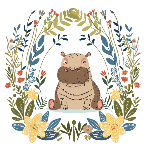 Charming Hippo Cartoon with Floral Wreath Design