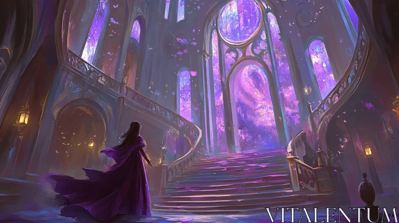 Woman on Stairs in Purple Castle AI Image