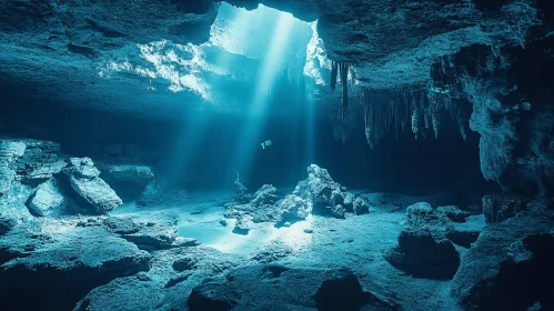 Mystical Submerged Cavern with Enchanting Blue Illumination