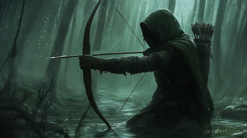 Hooded Archer in Misty Forest Stream