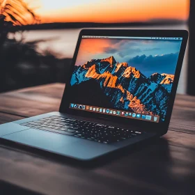 Laptop Displaying Mountains at Sunset