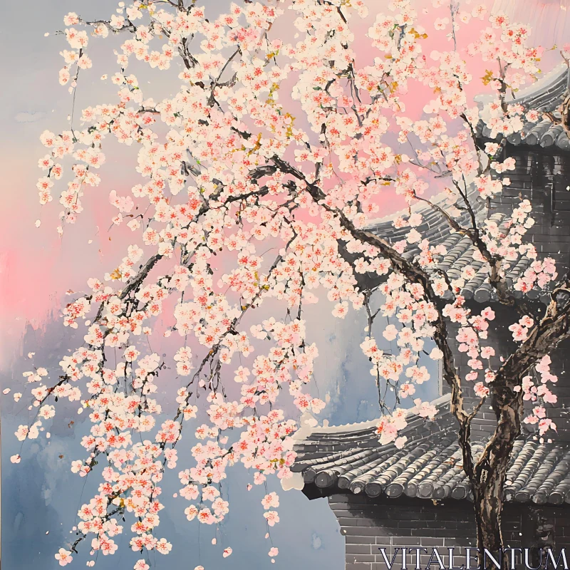 AI ART Blossoming Tree and Traditional Architecture