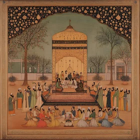 Indian Mughal-style Courtyard Gathering Painting