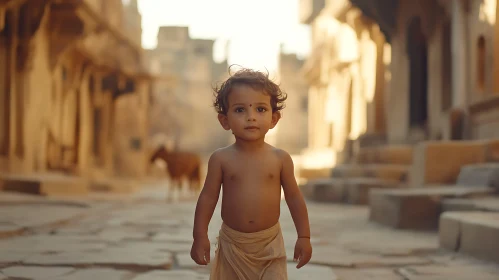 Portrait of Young Boy in Old Town