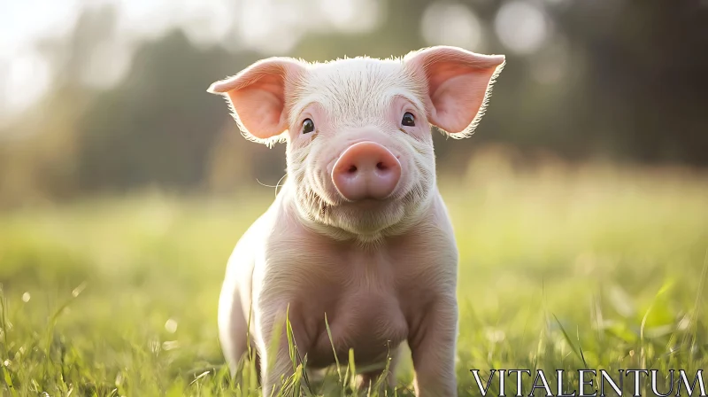 Cute Piglet Grazing in Sunlit Pasture AI Image