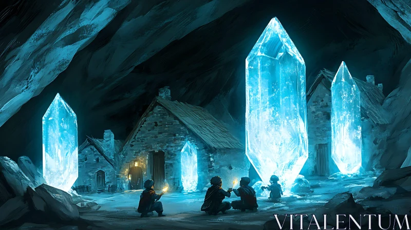 AI ART Glowing Crystals and Children in a Cave