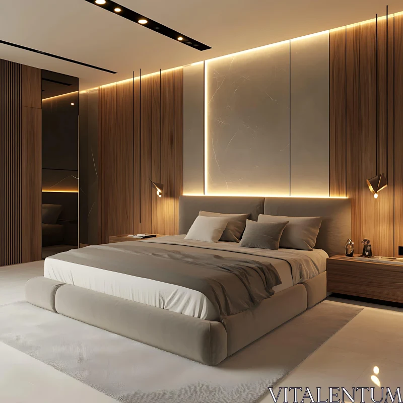 Contemporary Bedroom Ambiance with Wooden Finishes AI Image