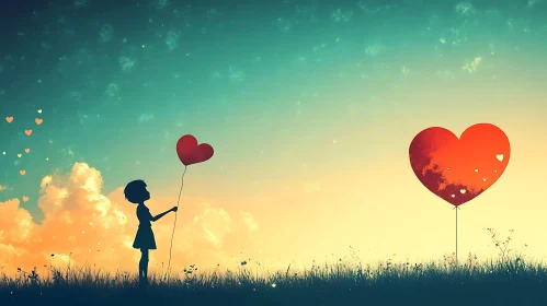 Girl with Heart Balloon Silhouette Art