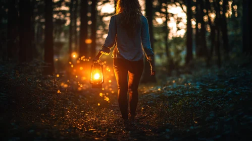 Woman with Lantern in Dark Forest