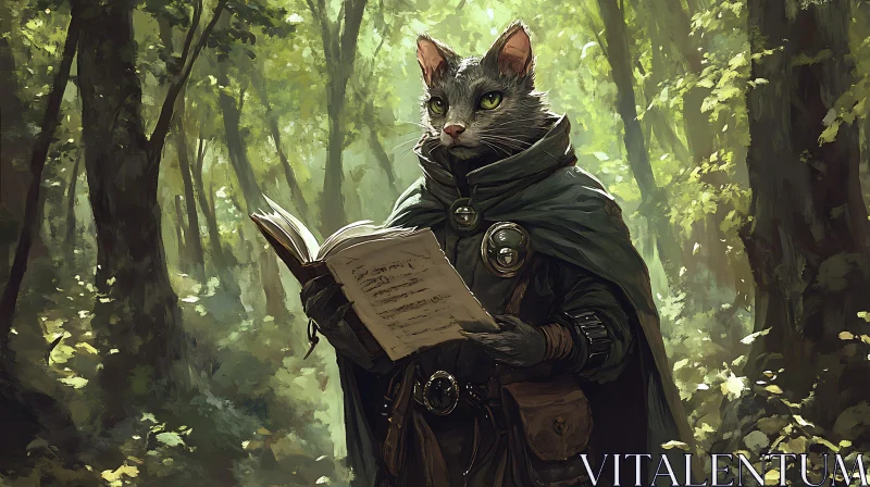 Cat Reading Book in Forest AI Image