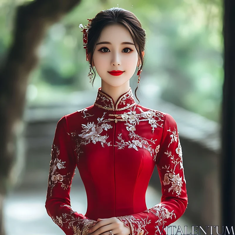 Portrait of Woman in Red Embroidered Gown AI Image