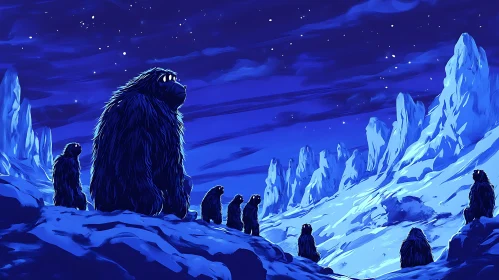 Blue Night Scene with Furry Characters