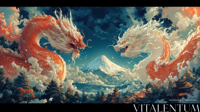 AI ART Celestial Dragons Above Serene Landscape