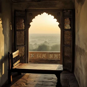 Misty Sunrise Landscape Through Carved Window