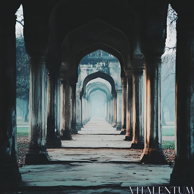 Misty Colonnade: A Symmetrical Architectural View AI Image