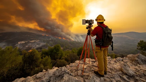 Firefighter Observes Forest Fire