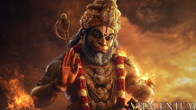 Golden Hanuman Amidst Flames AI Image