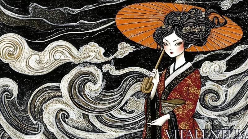 Geisha in Kimono with Orange Umbrella AI Image