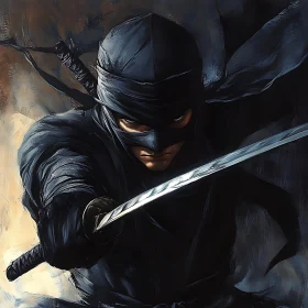 Masked Ninja with Sword in Shadows