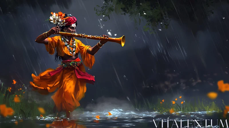 Flute Player in the Rain AI Image