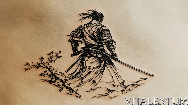 Lone Samurai Ink Drawing AI Image