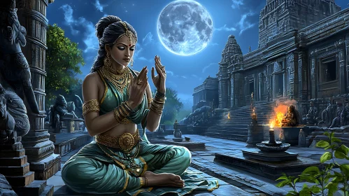 Woman Meditating Under Moonlight at Temple