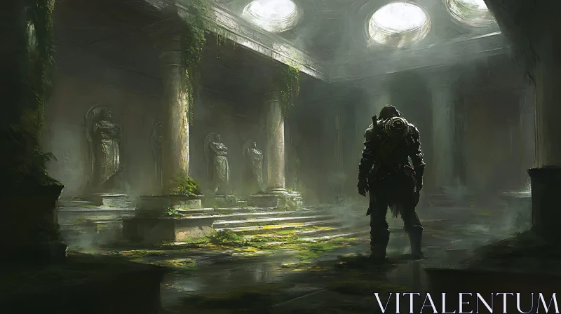 Overgrown Hall with Stone Statues AI Image