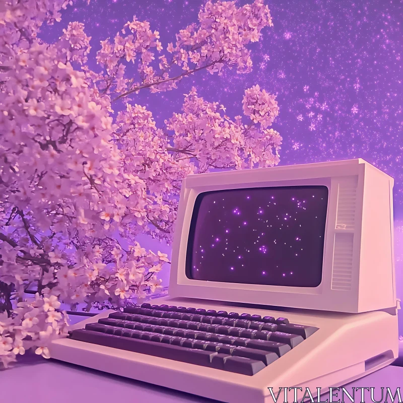 Vintage Computer in a Cherry Blossom Night AI Image