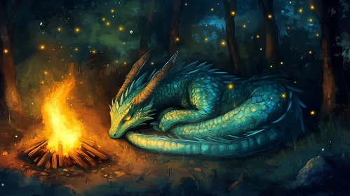 Forest Dragon Resting Near Fire