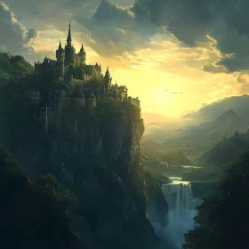 Cliffside Castle and Waterfall Landscape