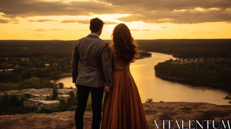 Enchanting Couple's Portrait at Sunset: A River View Drenched in Amber AI Image