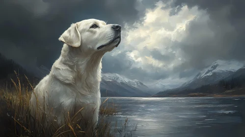 Pensive Canine with Mountains